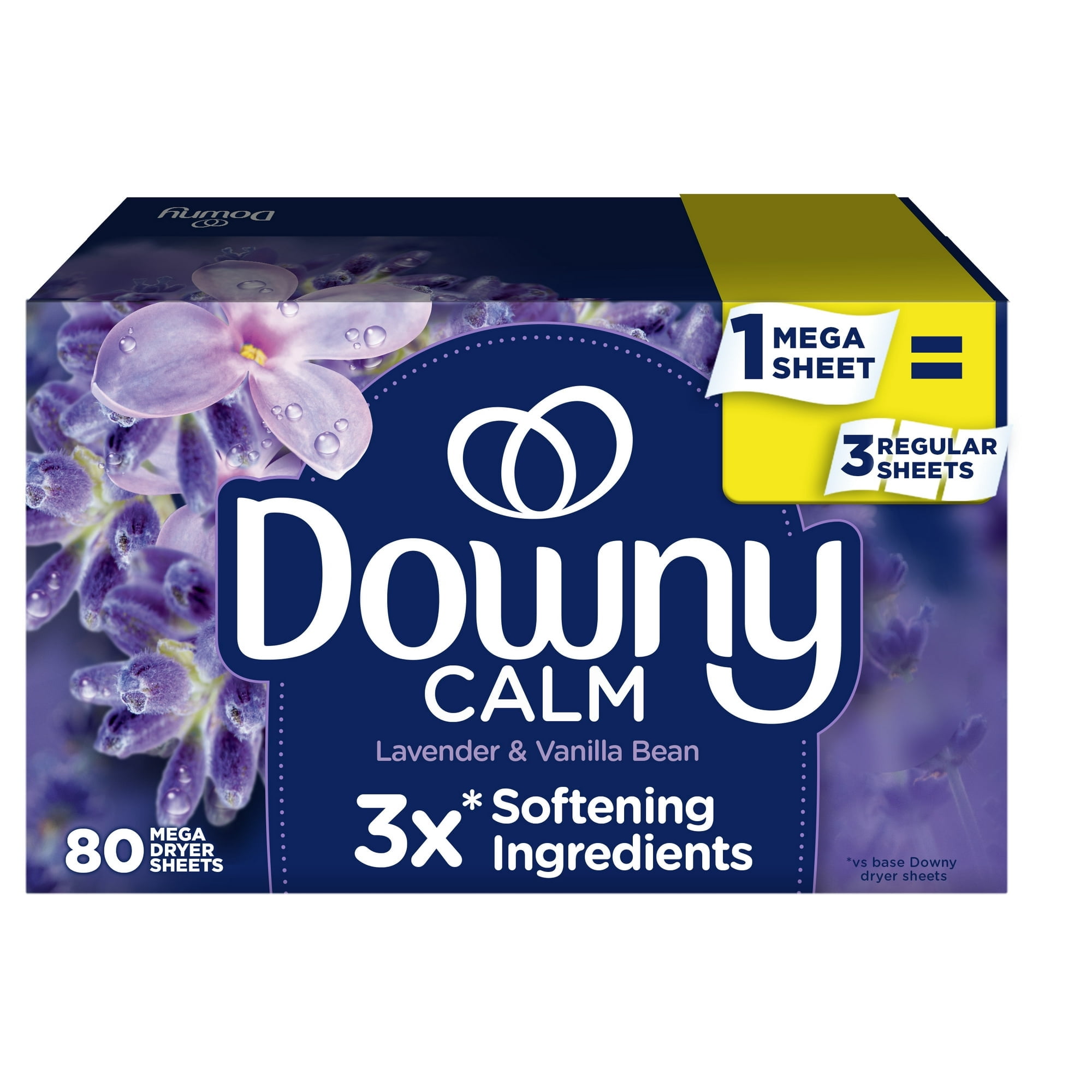 Downy Infusions Calm Dryer Sheets, Mega Size, Lavender & Vanilla Bean Aroma, 80 Count with Microfiber Solid Color Towel by BundleEase