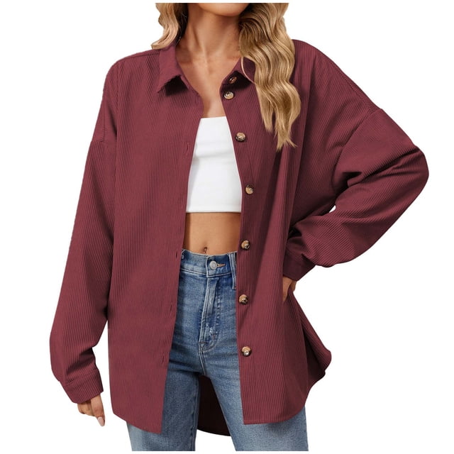 Erwazi Button Down Shirt Women Oversized Casual Knit Tops Long Sleeve Loose Fit Shacket