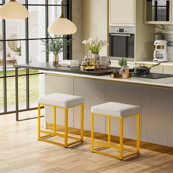 Lacoo 24" Upholstered Counter & Bar Stool with Footrest, Set of 2, Golden and White, PU leather