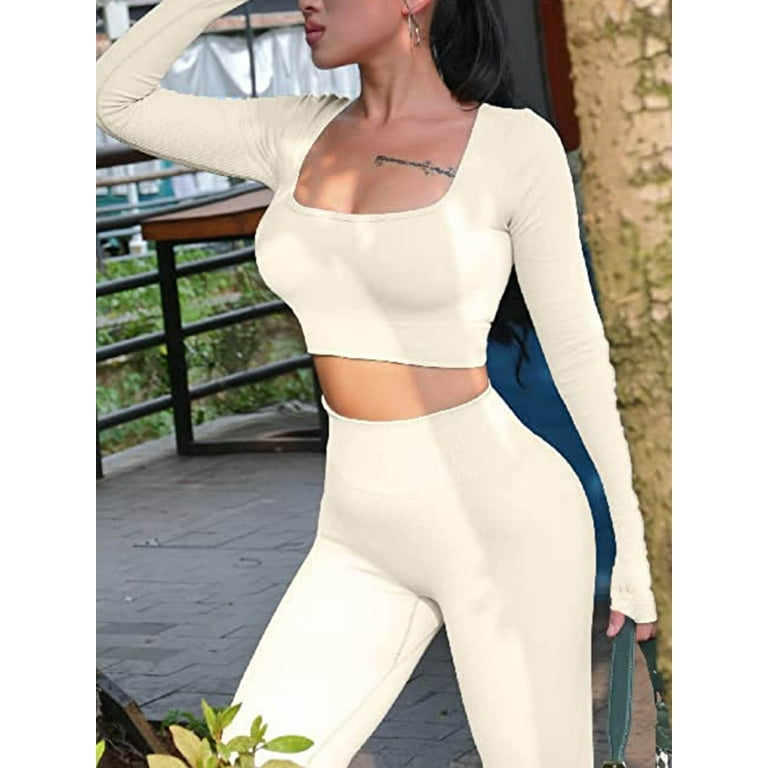 Licupiee Women 2 Piece Yoga Workout Outfits Ribbed Crop Top High Waist Gym Leggings Yoga Pants Tracksuit Outfits