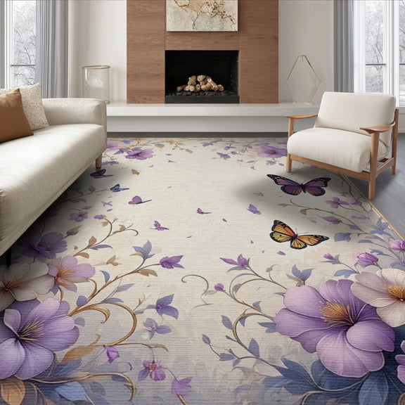ODIKA 8'x10' Washable Area Rug Durable, Non-Slip Bathtub Border Vintage Butterfly Delicate Scrolling Pile Backing for Living Room, Under Sectional, Family