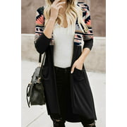 Black Tribal Printed Open Front Pockets Long Cardigan