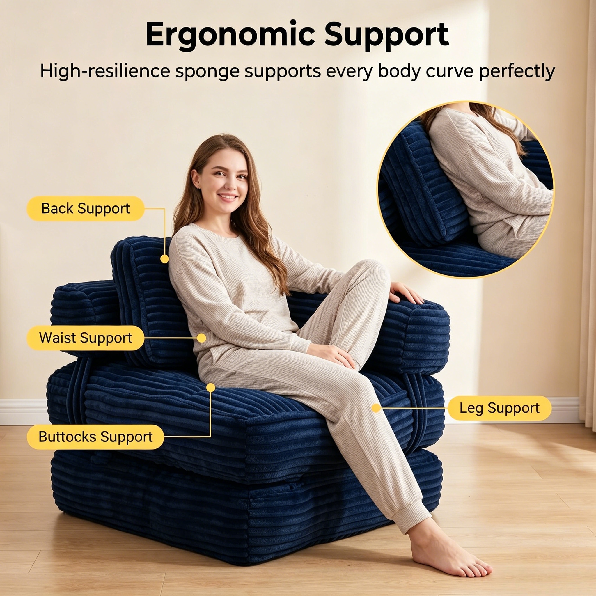 Howcool Corduroy Folding Sofa Bed,3 in 1 Convertible Sleeper Chair with Pillow & L-shaped Lumbar Pillow,Boneless Floor Sofa Couch Lounge Chair for Living Room Dorm,Navy