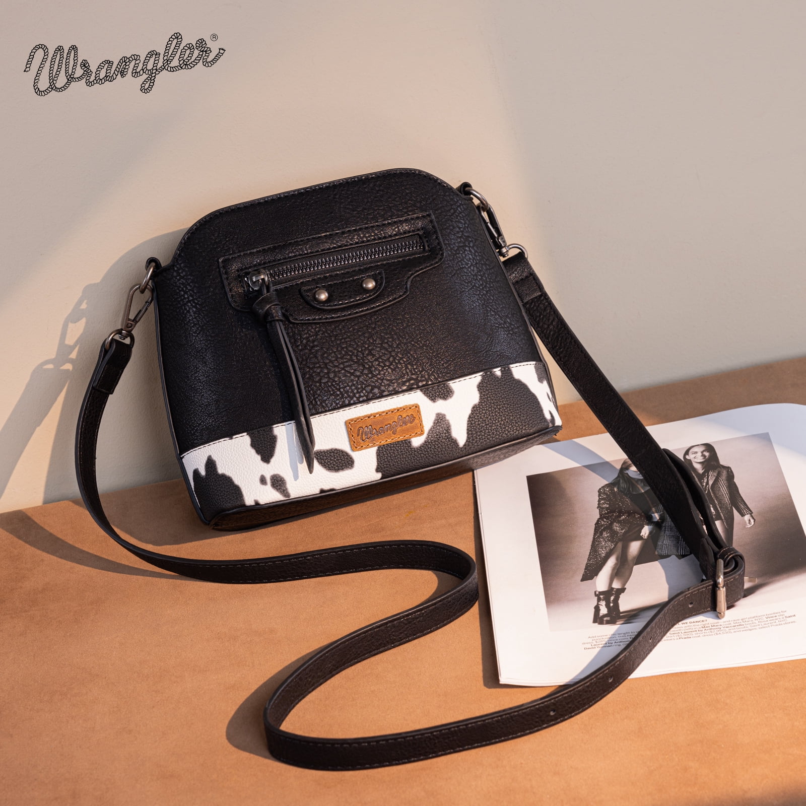 Wrangler Small Crossbody Bags for Women Shoulder Cute Purses and Handbags with Adjustable Strap, Cow-Black
