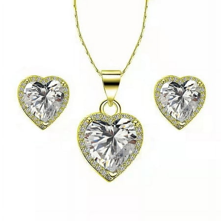 14k Yellow Gold Plated Heart 2 Ct Created White Sapphire Full Set Necklace 18 inch by Paris Jewelry
