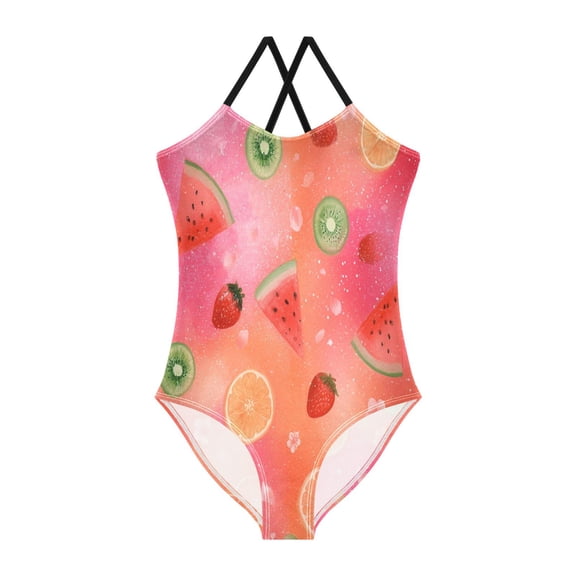 Girls' One-piece Swimsuit Cross Back Bathing Suit Beach Surfing Sizes 3T Floating Fruit Pattern