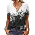 thumbnail image 3 of Mujer Verano Botón Cuello Camiseta Manga Corta Impreso Casual Suelto Jersey Top Negro L, 3 of 5