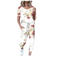 thumbnail image 2 of Blouses for Women, Womens Fashionable Printed Short Sleeved Round Neck Drawstring Top with Pants Set, 2 of 5