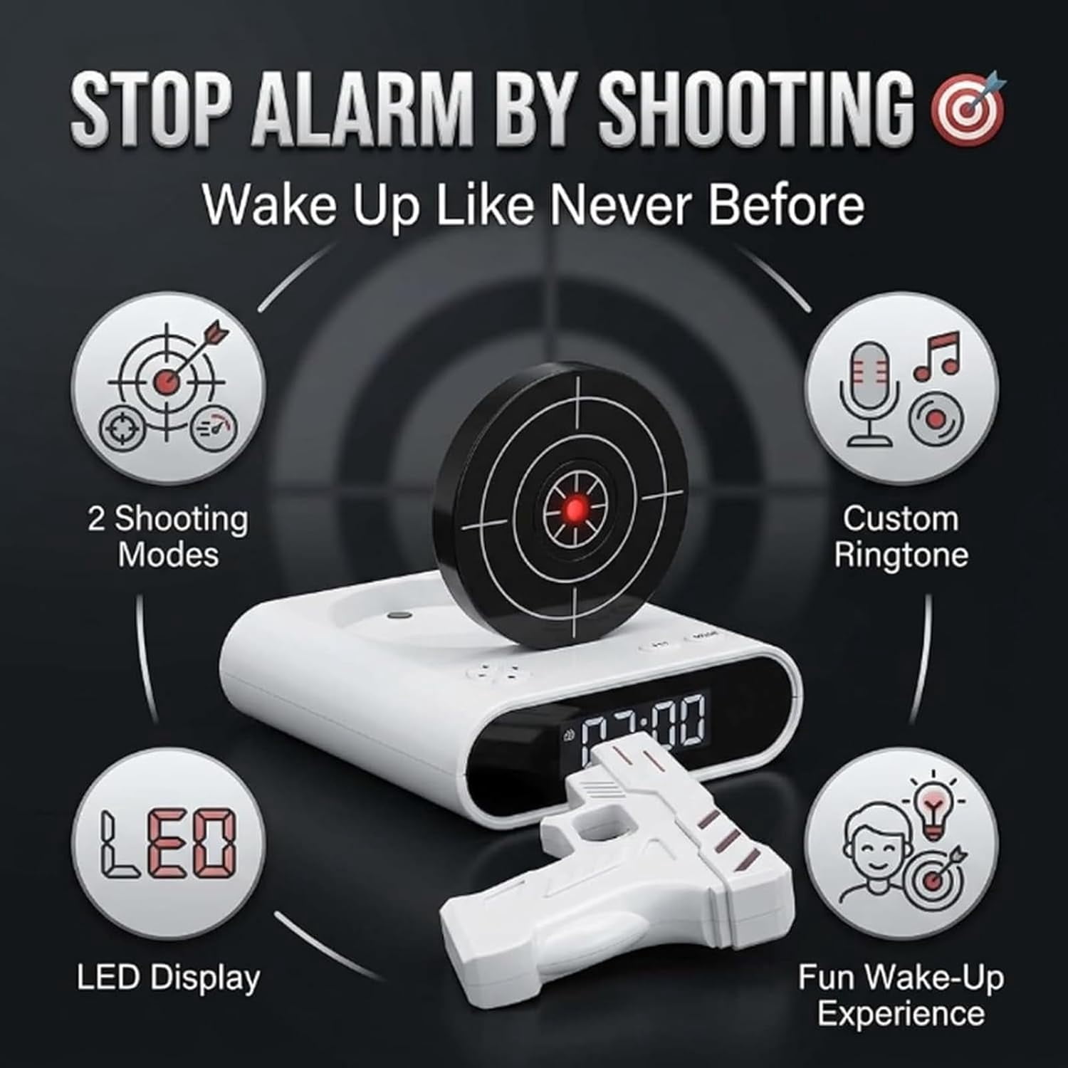 Gun and Target Alarm Clock, Interactive Shooting Game Wake-Up Clock, Digital Shot Timer with 2 Alarm Modes & LED Display, Personalized Runaway Clock for Heavy Sleepers Bedroom Home (Black)
