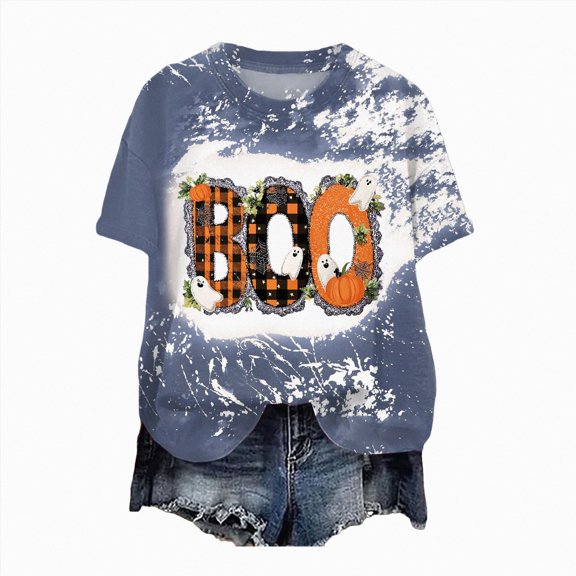 TOWED22 Halloween Tie Dye Boo Shirts for Women Funny Halloween Ghost Tshirts Fall Spooky Pumpkin Gift Top(Blue,XL)