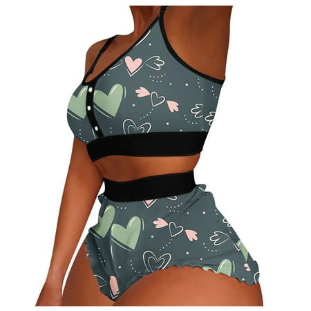 

BIZIZA Women s Pajama Set Loungewear 2 Piece PJ Sets Cami Top and Shorts Print Soft Sleepwear Army Green M