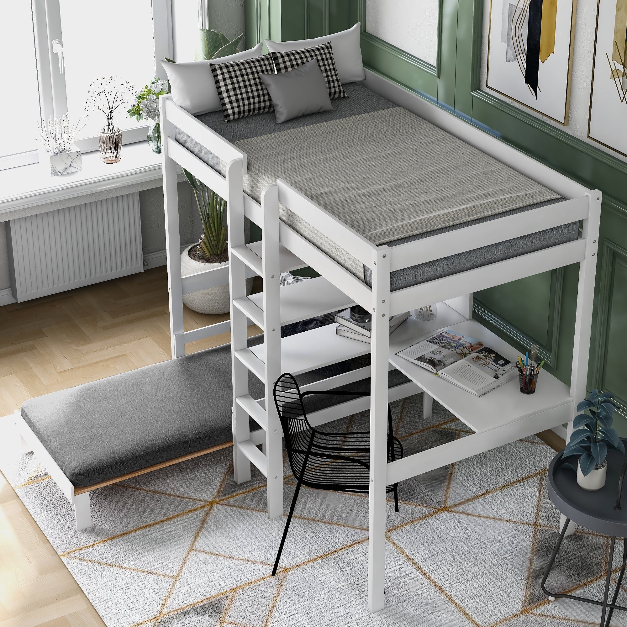 Private Jungle Twin Over Full Wood Folding Loft Bunk Bed w/Corner Desk, Convertible to Square Seat