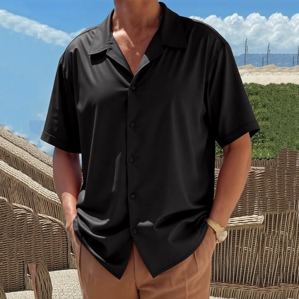 Blusa y camisa de manga corta con cuello vuelto para hombre, cárdigan informal de botones a la moda de color liso, blusa de manga corta con cuello vuelto, blusas de poliéster para hombre