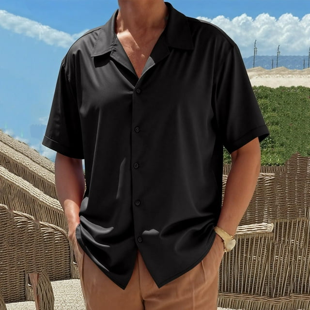 Ceisia Men's Shirt | Loose Short Sleeve Solid Color Shirt | Stretch Breathable Wrinkle-resistant (Asymmetrical Hem) Gift