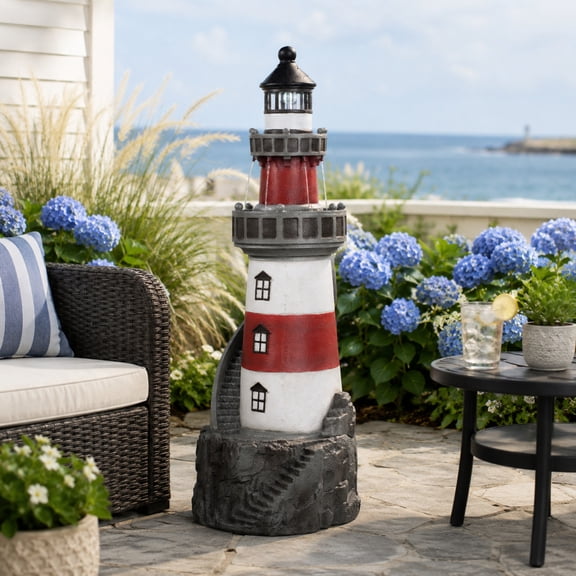 Teamson Home Outdoor Solar Light House Fountain with Rotating LED Light, Red/White