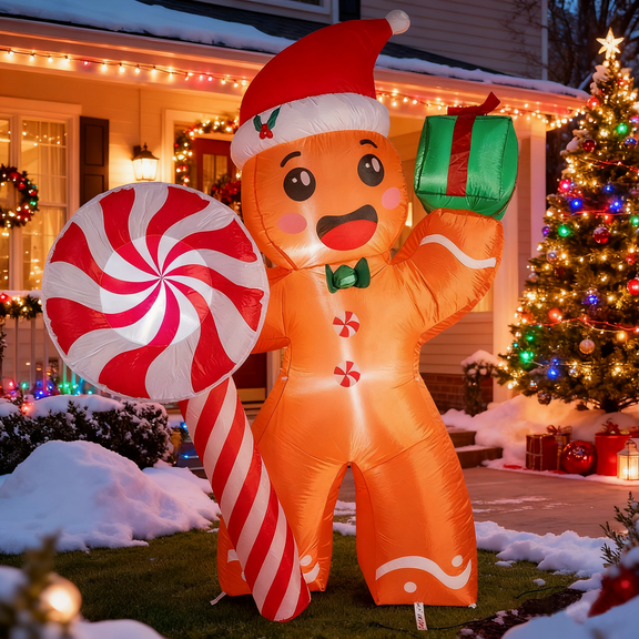 7ft Inflatable Gingerbread Man with LED Lights, Candy Cane & Gift Box - Outdoor Indoor Christmas Yard Decoration for Holidays