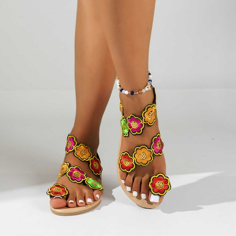 Floral flat ankle strap peep toe casual gladiator sandals best sale