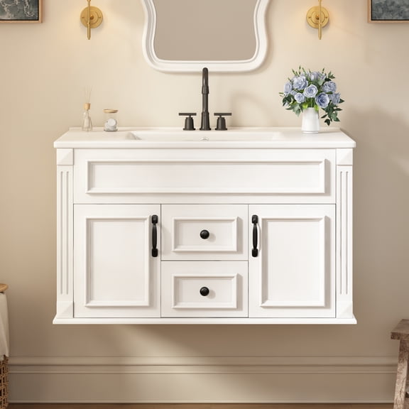 DRNANLIT French Country Bathroom Vanity with Ceramic Sink, Wall-Mounted Bathroom Cabinet, Open Back Design, Soft-Close Hinges, Vintage Knobs, Space-Saving Storage, White
