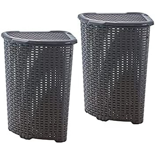 Superio 50L Wicker Plastic Corner Laundry Hamper with Lid Brown (2 Pack)