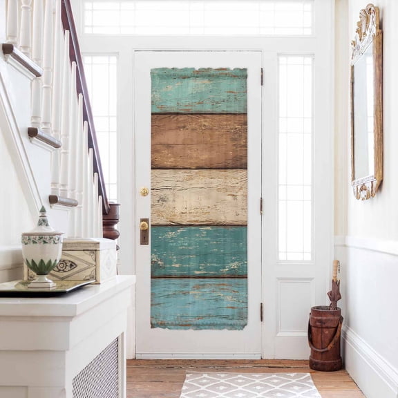 Farmhouse Teal Brown Door Curtains for Door Window, French Sidelight Front Back Door Curtains With Tieback, Vintage Retro Wooden Kitchen Rod Pocket Drapes Panel, 54"x72"