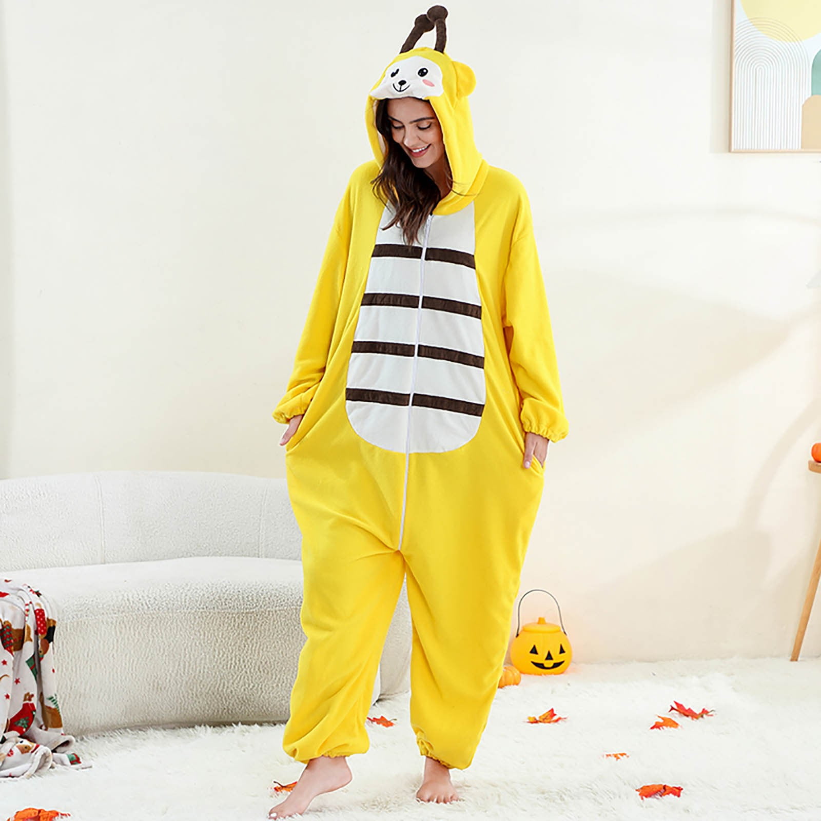 VNKIDY Women Autumn Winter Family Matching Yellow Cute Onesie Pajamas Plush Thermal Long Sleeve Loungewear With Hood Pockets For Home Relaxing Relaxed Set