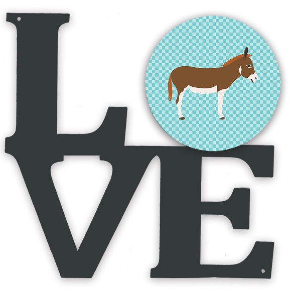 Miniature Mediterranian Donkey Blue Check Metal Wall Artwork LOVE
