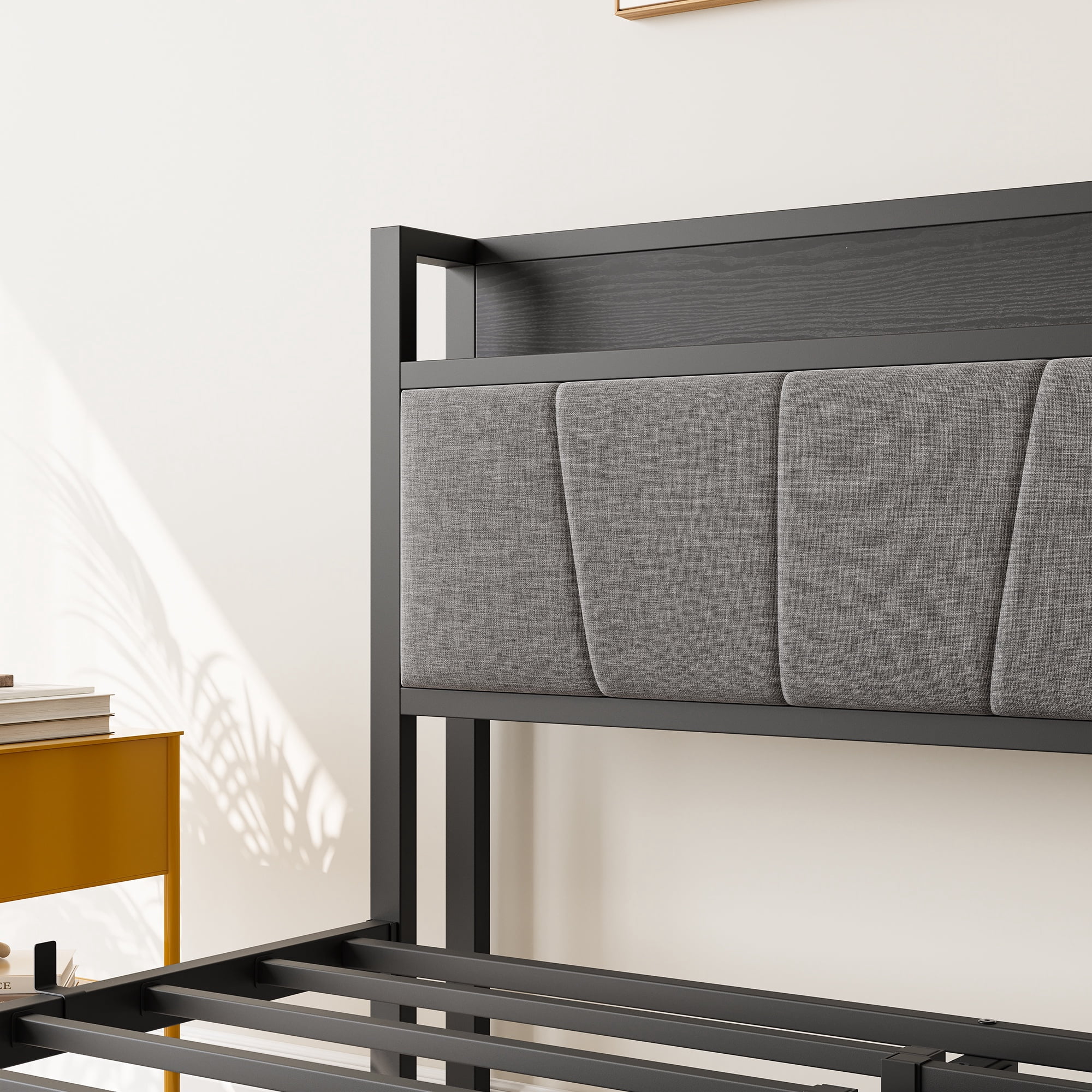 Miniyam Full Size Upholstered Bed with Storage Headboard & Charging Station for Adult, Black