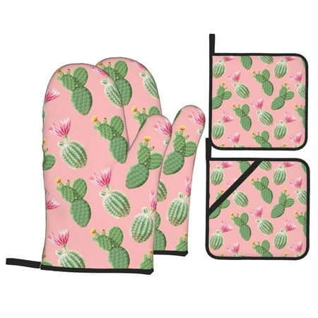 

Oven Mitts and Pot Holders 4 Piece Cactus blooming pink High Heat Slip Resistant Oven Mitt and Trivets Set Kitchen Oven Glove Pot Holders for Cooking Baking Grilling
