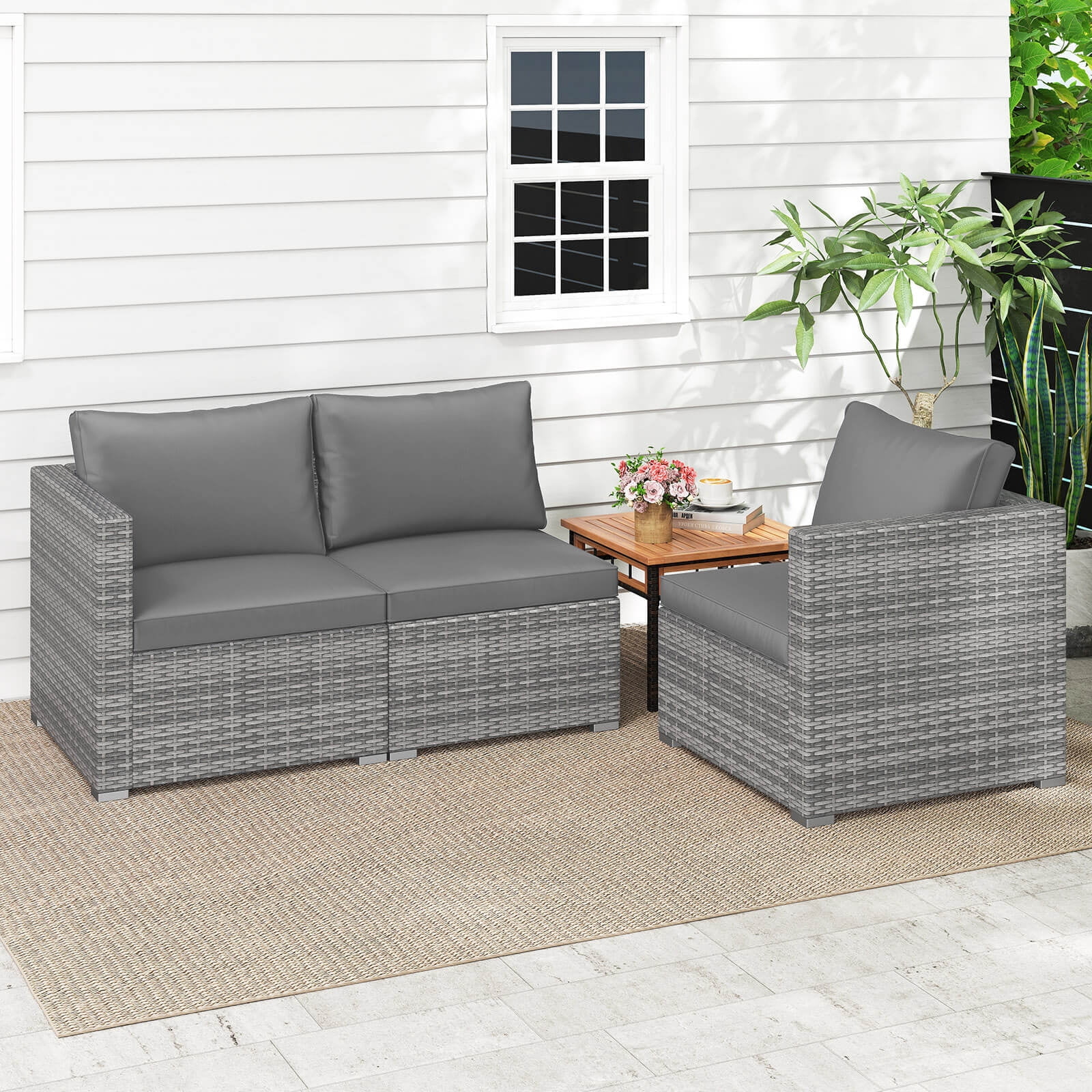 Costway 3PCS Patio Sectional Sofa Set, PE Rattan Modular Couch Furniture Set with Cushions Gray + Mix Gray
