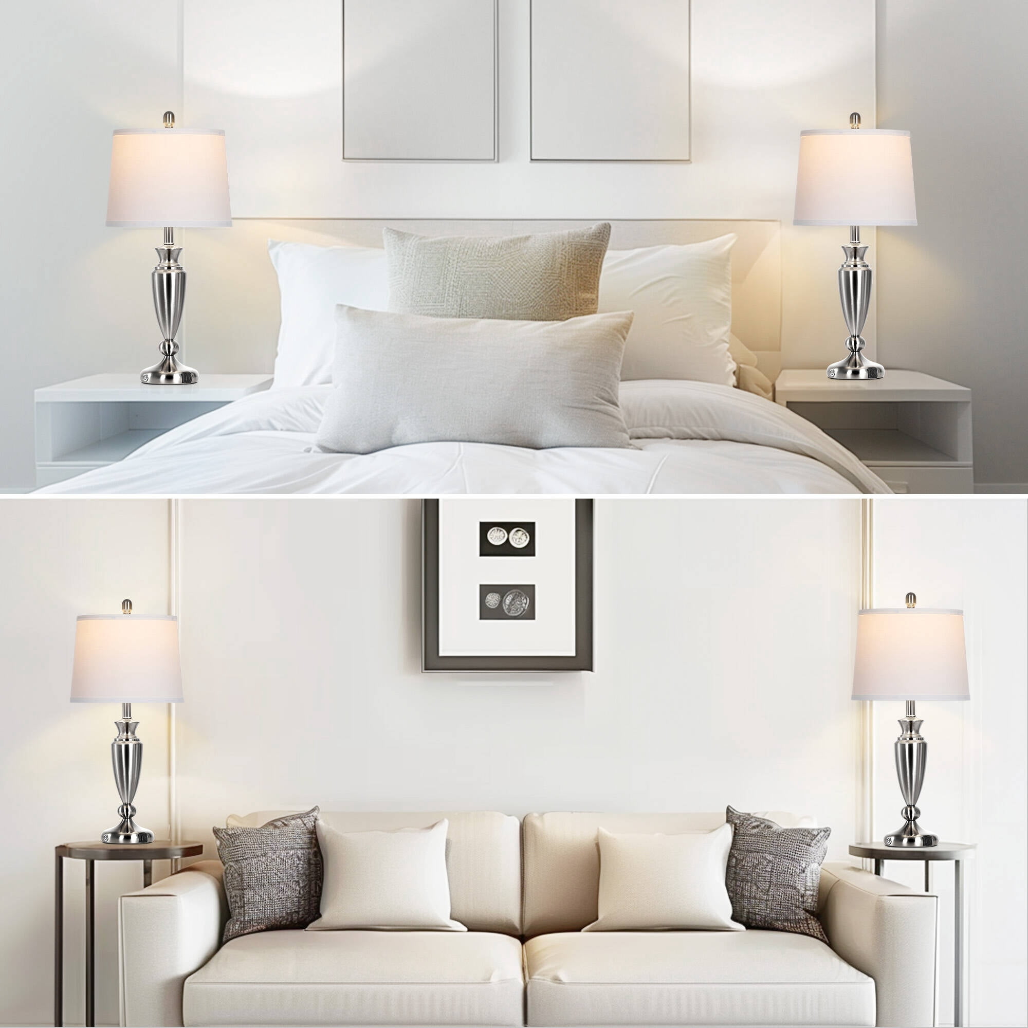 Cinkeda Table Lamps Set of 2 for Bedroom Living Room 27" Tall Silver Industrial Bedside Lamp with USB +C Charging Ports Modern 3-Way Dimmable Touch Control Nightstand Lamp