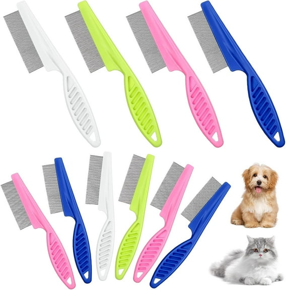10 Pcs Flea Comb for Dogs and Cats Flea Remover Tool with Stainless Steel Metal Teeth for Detangling Grooming Kit, Pink, Blue, White and Green, 2 Sizes