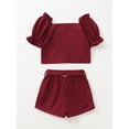 thumbnail image 4 of 5Y Little Girls Clothes 6 Years Little Girls 2PCS Summer Clothing Set Off-the-shoulder Solid Color Little Girls Short Sleeve Top Short Set Red, 4 of 7