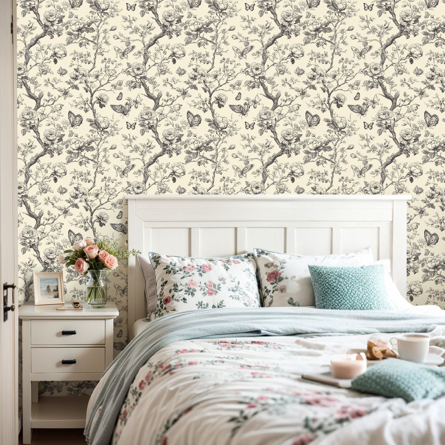 Peel and Stick Wallpaper Vintage Floral Butterfly Botanical Monochrome Line Art 17.7in x 118in Contact Paper Removable Self Adhesive Wall Mural Wall Decor for Bedroom Kitchen Cabinets