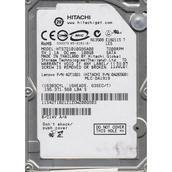HTS721010G9SA00, PN 0A26568, MLC DA1919, Hitachi 100GB SATA 2.5 Hard Drive