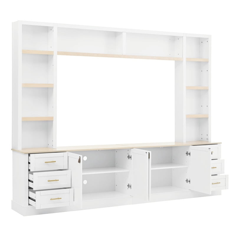 4-Piece Entertainment Center with Bookshelves for TV Up to 75", 102.3"W Farmhouse TV Stand with 6 Drawers and Adjustable Shelves for Living Room