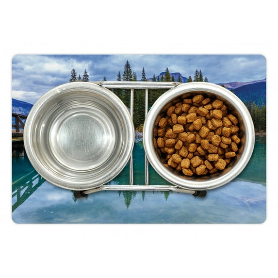 Nature Pet Mat for Food and Water, Canadian Emerald Lake Scenery with a Wooden Cottage House Country View, Non-Slip Rubber Mat for Dogs and Cats, 18" X 12", by Ambesonne