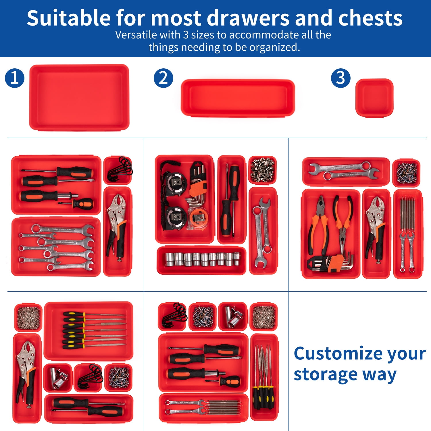 HAIDAIYA 45 Pack Drawer Organizer Trays Set, 3 Sizes Plastic Divider Storage Bins for Desk, Makeup, Tool Box, Jewelry (Red)