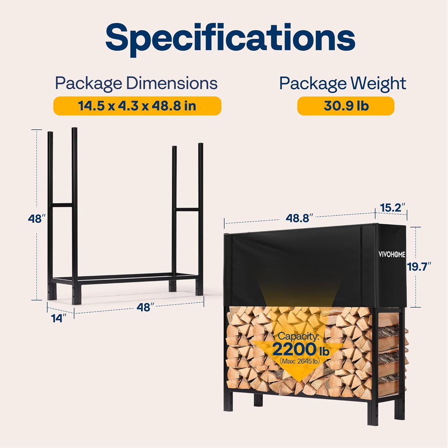 SPECSTAR Upgraded Heavy Duty 4 ft 1/4 Cord Firewood Rack Outdoor with Cover Combo Set, Thick Steel Log Holder Up to 2645 lb, Fire Wood Pile Storage Stand Organizer Black