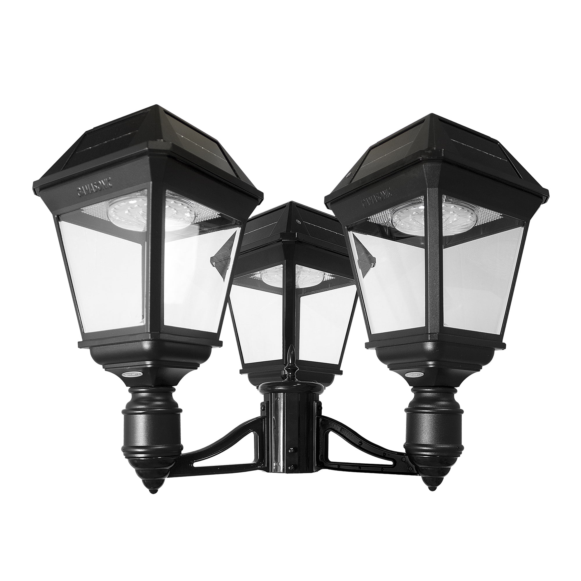 Gama Sonic Imperial III Solar Post Light, Black Cast Aluminum and Beveled Lens, Outdoor Triple Lamp with Extended Duration, Dual Color Temperature and 3" Fitter Black Finish, 97KF30