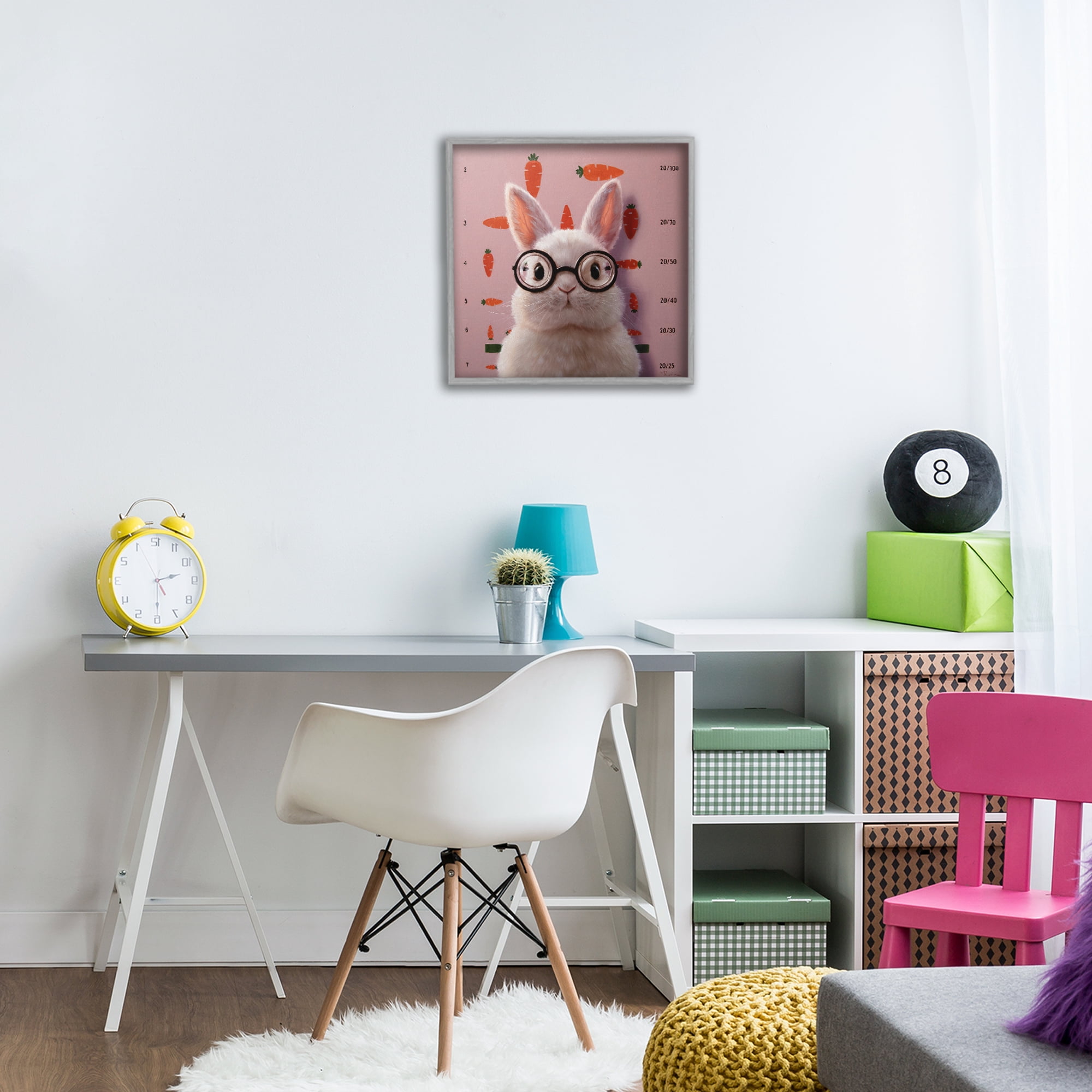 Bunny & Carrots Eye Exam Gray Framed Giclee Art, design by Lucia Heffernan