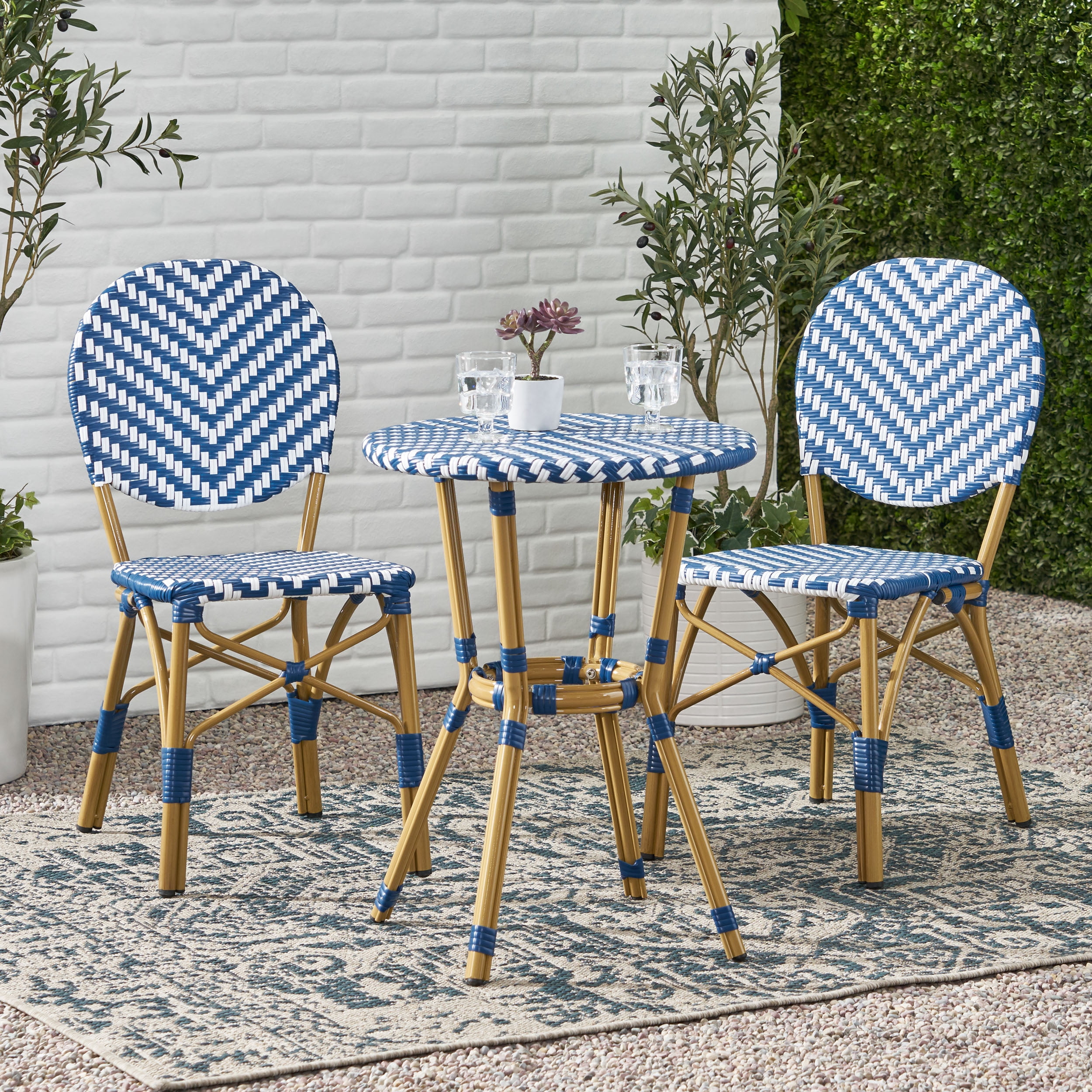 Outdoor Aluminum 3 Piece French Bistro Set, Navy Blue, White, with Bamboo Finish