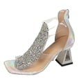 thumbnail image 2 of Pandaie Rhinestone Chunky Heeled Sandals Women Clear Ankle Strap Square Open Toe Summer Dressy Pumps Shoes for Wedding Prom (Silver,7), 2 of 8