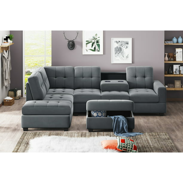 3 Piece Sectional Sofa Set Microfiber, Chaise Sectional Sofa With Storage Ottoman