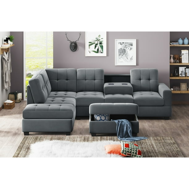3 Piece Sectional Sofa Set Microfiber With Reversible Chaise Lounge Storage Ottoman Grey Com 3 Piece Sectional Sofa Set Microfiber, Sectional Sofa Set With Ottoman
