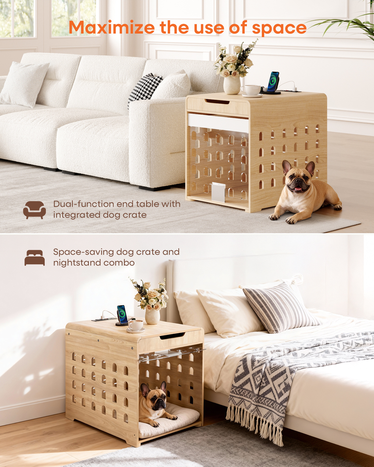 Furnibear Modern Dog Crate Furniture with Charging Station, Multifunctional Side End Table Indoor Kennel with Hidden Door for Small Dogs Breeds up to 45lb,Oak