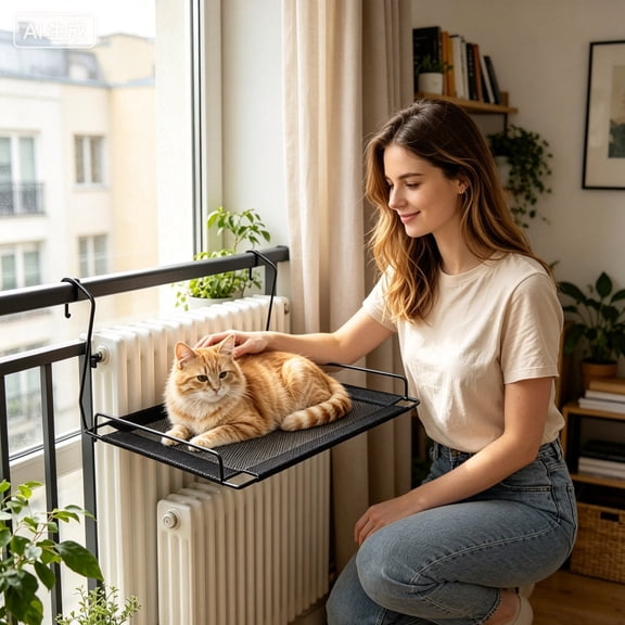 Breathable Mesh Cat Hanging Bed Hanging Cat Sunbathing Platform Space Saving Balcony Railing Cat Shelf Window Perch for Indoor Cats Easy Installation