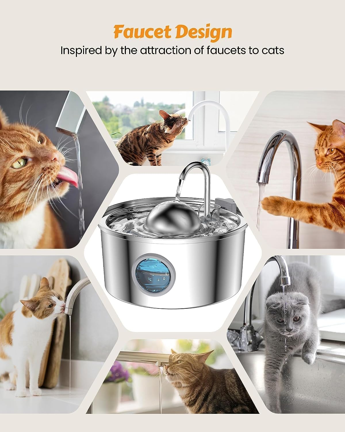 108oz Stainless Steel Cat Fountain with Faucet Design, Multi-Stage Filtration, Water Level Window and Quiet Operation