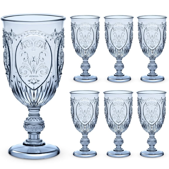 24 Pcs Plastic Goblets 7.5oz Vintage Goblet Plastic Wine Glasses Colored Retro Embossed Water Goblets for Wine Bar Juice Baby Shower Wedding Reception Grand Event Party (Royal Blue)