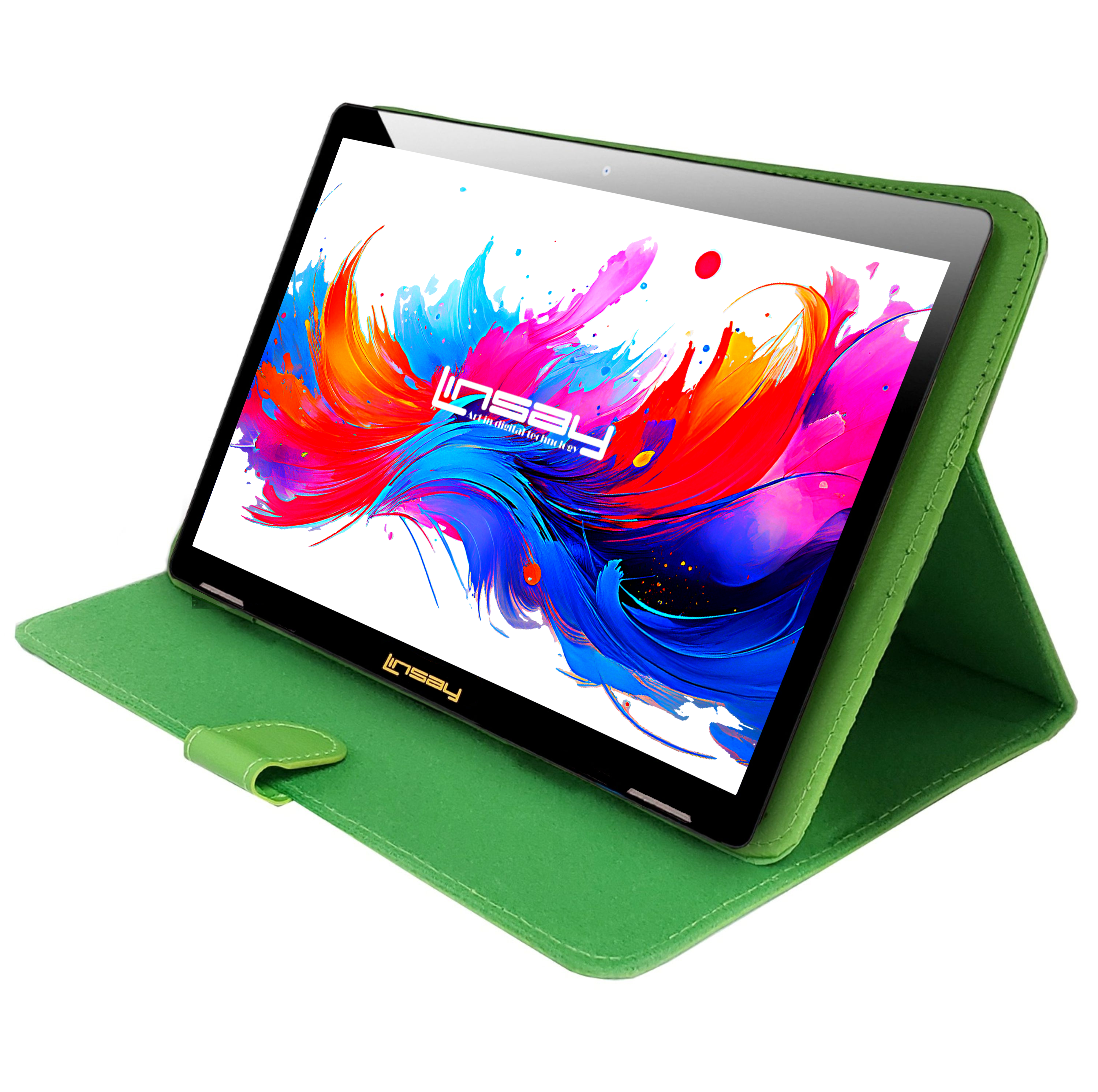 LINSAY 10.1" Octa Core 256GB Storage Android 15 Tablet with Green Leather Case