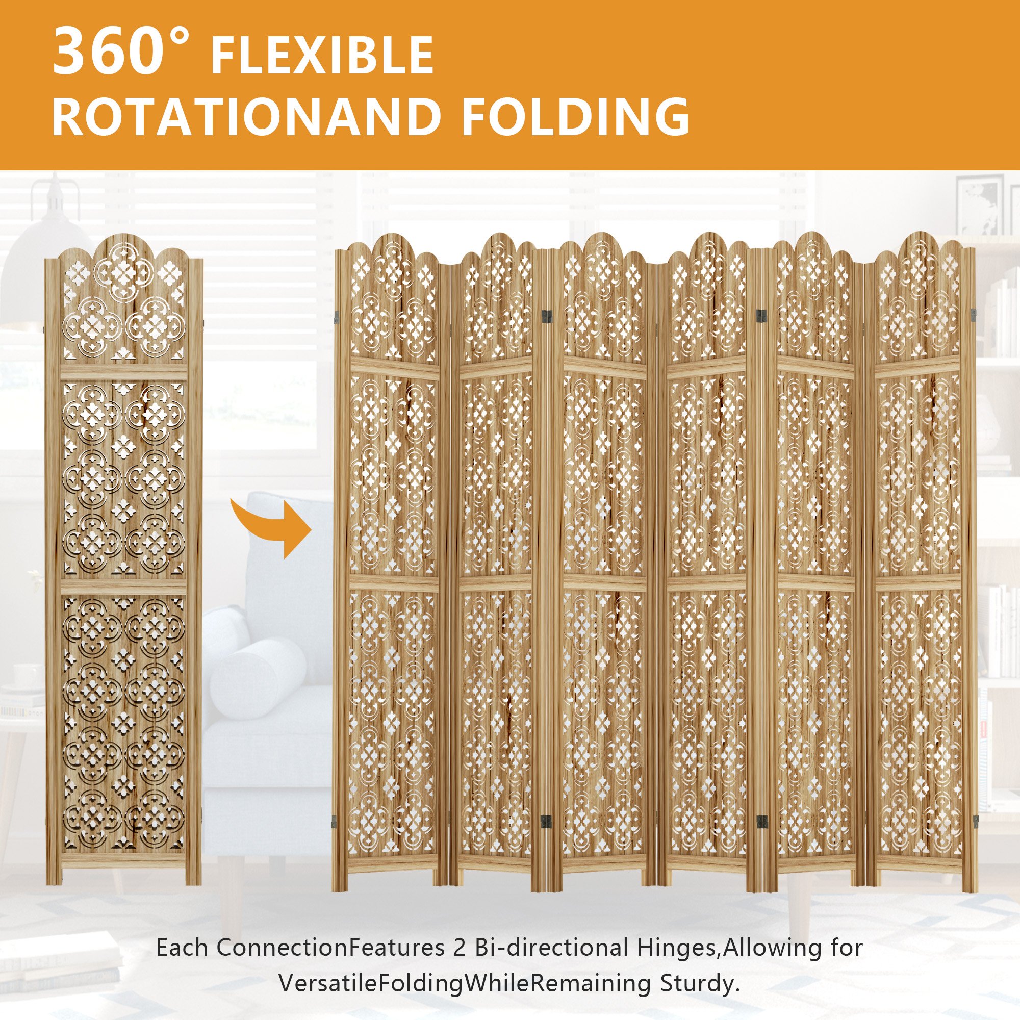 MAYEERTY 6-Piece 67×16" Natural Wood Privacy Panel Screen for Living Room, Coin Pattern